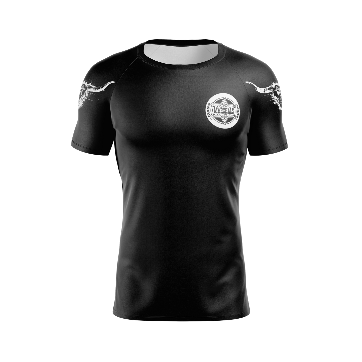 “Front view of the Marshal Premium Black Rashguard for Jiu-Jitsu, MMA, and grappling, featuring durable stitching and a sleek design for no-gi grappling.”