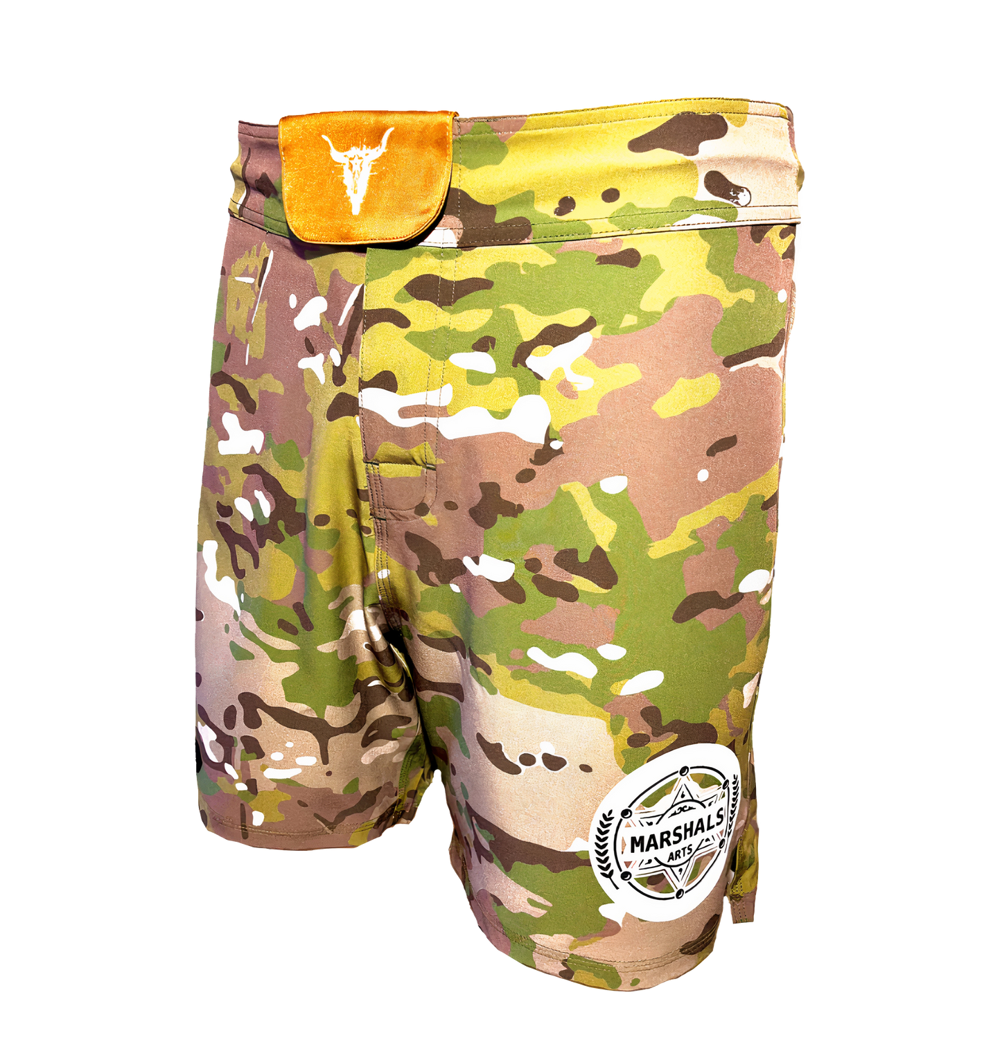 Coyote Raider Camo Fight Shorts by Marshals Arts – Tactical No-Gi MMA Grappling Shorts with Velcro Waistband and Bull Skull, Designed for BJJ, Wrestling, and Jiu Jitsu Training